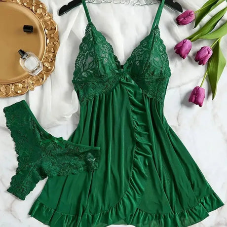 Sexy Lace Lingerie Set for Women, Red Sleepwear Nightdress with Matching Panties, V-Neck Sheer Lace Camisole, Romantic Night