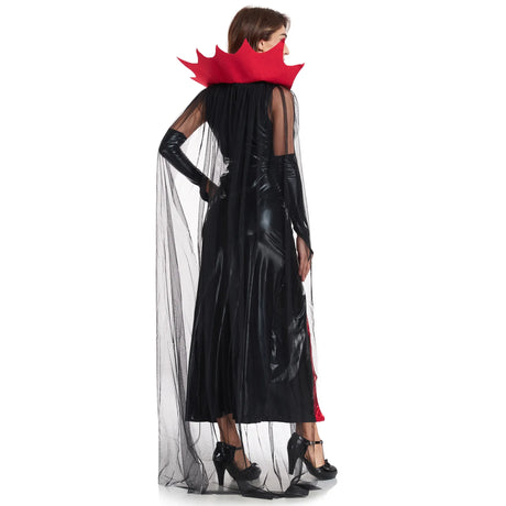 Women Vampire Queen Costume Black Red Leather Long Dress with Mesh Cape Halloween Witch Cosplay Outfit Gothic Dark Party Suit