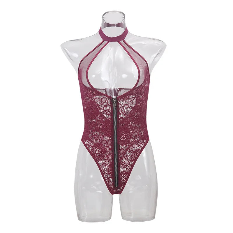 Sexy Zipper Front Lace Bodysuit High Cut Mesh Teddy Lingerie Women Halter Neck See Through Body Stocking Erotic Costume Purple