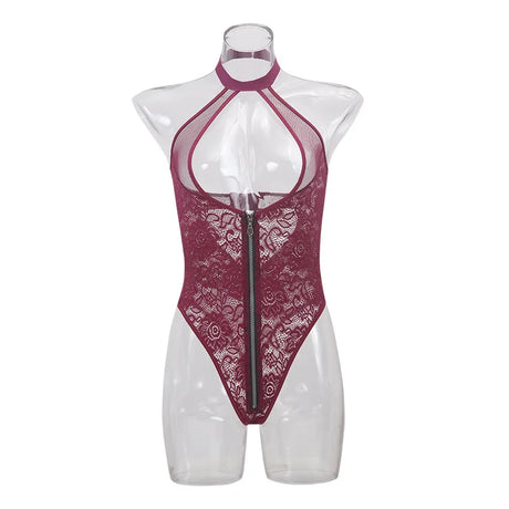 Sexy Zipper Front Lace Bodysuit High Cut Mesh Teddy Lingerie Women Halter Neck See Through Body Stocking Erotic Costume Purple