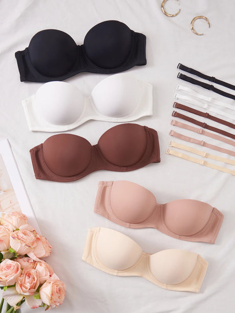 5Pcs Detachable Strap Bandeau Bras Solid Strapless Push up Bra for Women Daily Invisible Lingerie