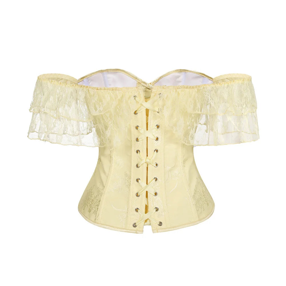 Women Sky Blue Retro Jacquard Corset Tops Lace Short Sleeved One Shoulder Sexy Slimming Shaper Overbust Bustiers Lingerie