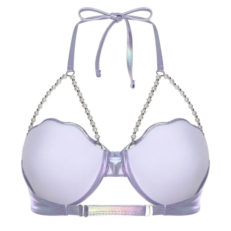Women Shiny Bikini Bra Top Halter Neck Sheel Mermaid Swimwear Bead Chains Padded Bra Swim Tops Hawaii Beach Party Bathing Suit