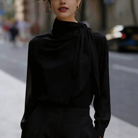 Women High Neck Tie Detail Long Sleeve Satin Blouse Elegant Draped Top for Office or Formal Events