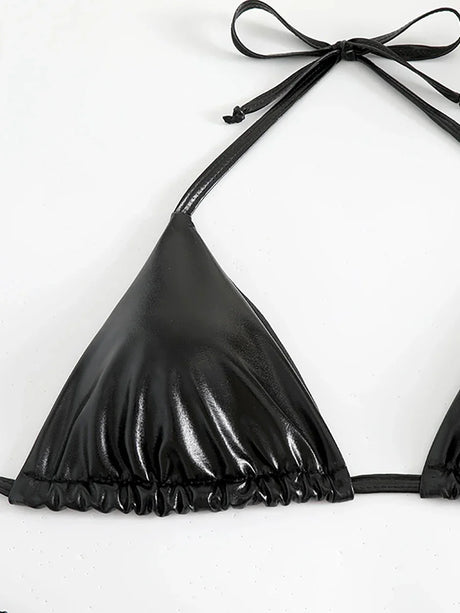 Sexy Metallic Halter Bikinis Sets Lace Up Triangle Tie Side Bikini 2024 Swimsuit Women Swimwear Brazilian Female Bathing Suits