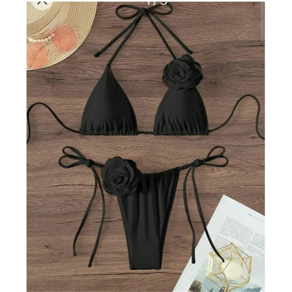 Sexy Flower Bandeau Swimwear Thong Bikini Women Lace-up Swimsuits Swimming Bathing Suit Brazilian Bikinis Set Mujer Biquini