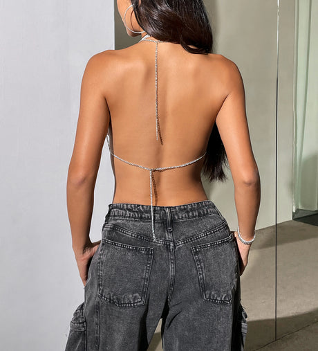 Shiny Colorful Rhinestone Bra Tops Summer Women Sexy Backless Deep V Neck Halter Neck Tank Top Fashion Party Club Camisole