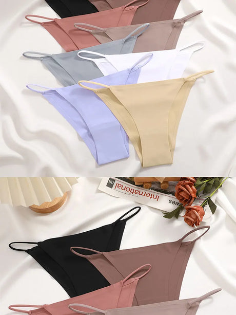 FINETOO 6Pcs/Set Ice Silk Sexy Briefs Thong Seamless Triangle Pants Women Panties Low Waist T-back Underwear Female Lingerie