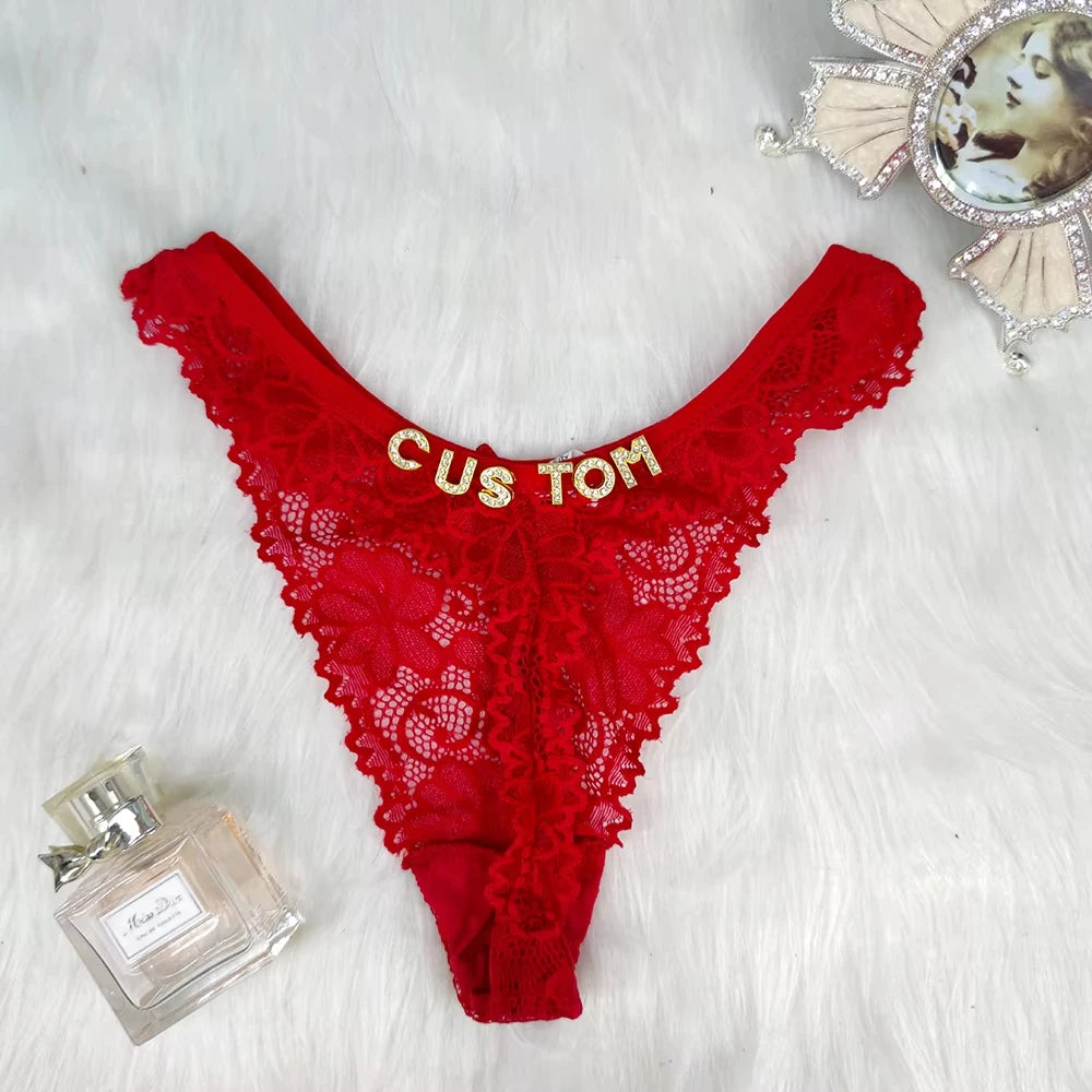 Sexy Custom Thong Name Lace String Customized Women Name Thong Crystal Letters Underwear Personalized Gift for couple