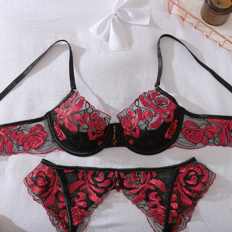 Heavy Crafted Rose Embroidered Mesh Perspective Underwear Color Match Splicing Mysterious Sexy Shaped Underwear Three Piece Set