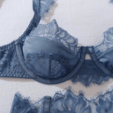 Women's Blue Lace Lingerie Set 4 Piece Bra Panty Garter Belt Stockings Underwire Adjustable Straps Sexy Romantic Nightwear 2026