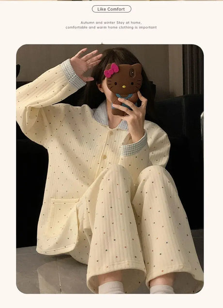 Thickened Air Cotton Sleepwear Set for Women Autumn Winter Polka Dot Home Clothes Korean Style Cute Girl Long Sleeve V-Neck