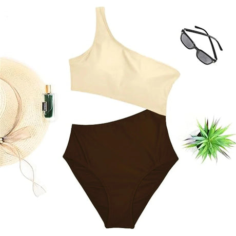 Vzvn 2026 New Women Swimwear Female Padded Bather Bathing Suit Swim Colors Cut Out One Shoulder Splicing One Piece Swimsuit