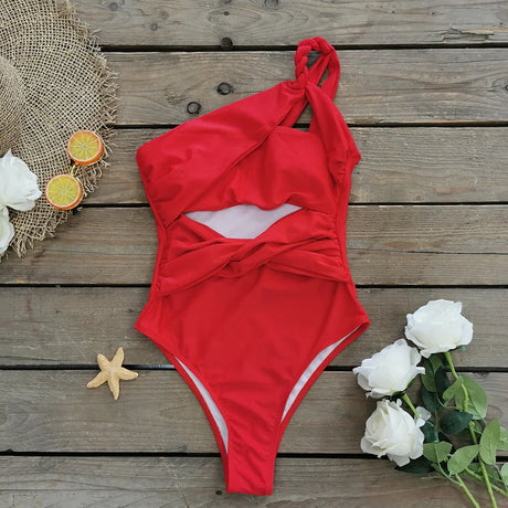 Sexy One Piece Swimsuit One Shoulder Solid Cut Out Monokini Pattern Women's Swimwear Slimming Bodysuit Women Beachwear 2022