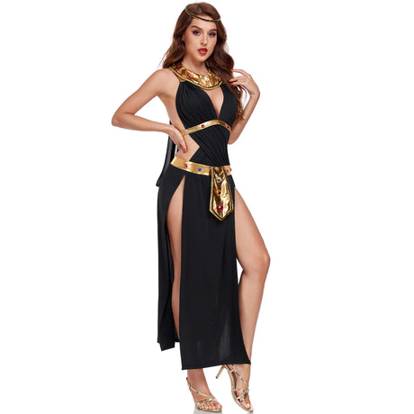 Ancient Egyptian Queen Inspired Ankha Cosplay Costume Set, White/Black Goddess Dress Gold Accents for Halloween & Themed Parties
