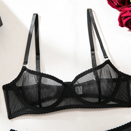 Ellolace Solid Lingeries Sexy Hot Sissy See Through Mesh Bra 3PC Set with Stockings Tempted Underwear Fancy Erotic Clubwear