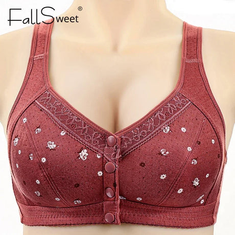 FallSweet Front Closure Cotton Bra for Women Plus Size Seamless Wireless Sports Bras Thin Underwear for Middle-Aged & Elderly
