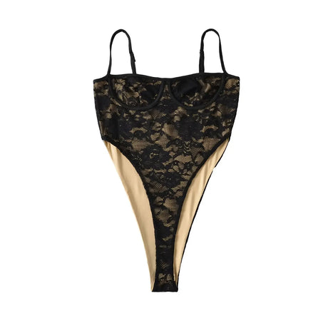 Sexy Black Floral Lace High Split Bodysuit Spaghetti Strap Elastic Slim High-Cut Tops Jumpsuits
