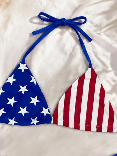 Women American Flag Print Triangle Bikini Set Halter Self Tie Top Side String Thong Bottom 4th of July Patriotic Beach Swimsuits