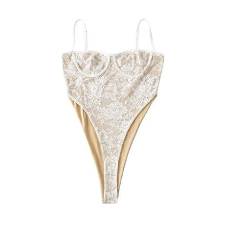 Sexy Black Floral Lace High Split Bodysuit Spaghetti Strap Elastic Slim High-Cut Tops Jumpsuits
