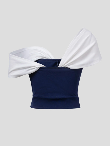 Chic One Shoulder Twisted Color Block Navy White Slim Fit Crop Blouse, Tube Top For Party & Daily Women