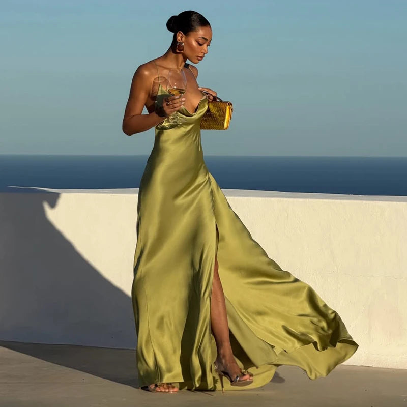 Elegant Solid Women's Dress Side Split Backless V-Neck Hip Package Lady Long Dresses 2026 Summer Autumn Female Party Robe New
