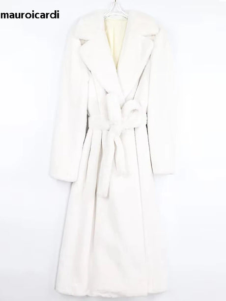 Mauroicardi Winter Long White Black Warm Thick Soft Flowy Fluffy Faux Fur Coat Women Sashes Loose Casual Furry Overcoat 2024