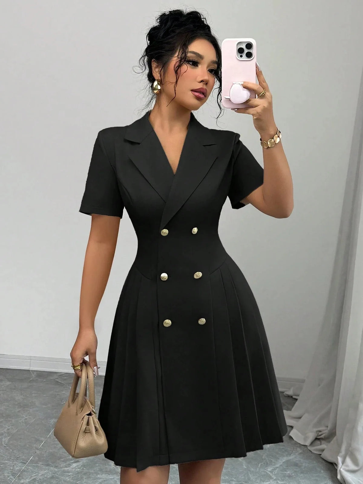2026 Luxury Dresses Solid Color Notched Lapel Double Breasted Short Sleeve Slim Summer Midi Dress for Woman Clothes