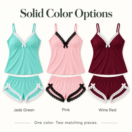 Women's Lace Trim Camisole Shorts Pajama Set, V Neck Bow Detail Sleeveless Two Piece Sleepwear in Solid and Printed Colors