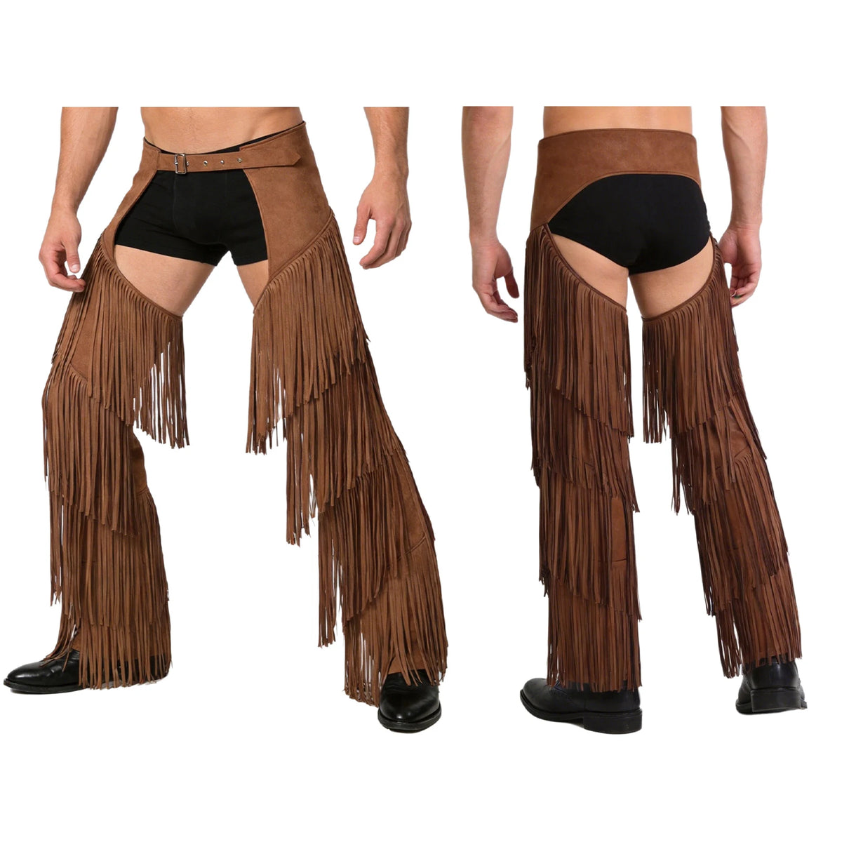Mens Western Cowboy Chaps Fuax Suede Tassel Hollow Out Open Crotch Long Pants Adjustable Buckles Waist Motorcycle Biker Trousers