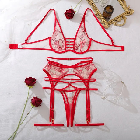 Women's Red Floral Embroidered Lingerie Set 4 Piece Underwire Bra Garter Belt Panty Stockings Sexy Nightwear Set Elegant Trendy