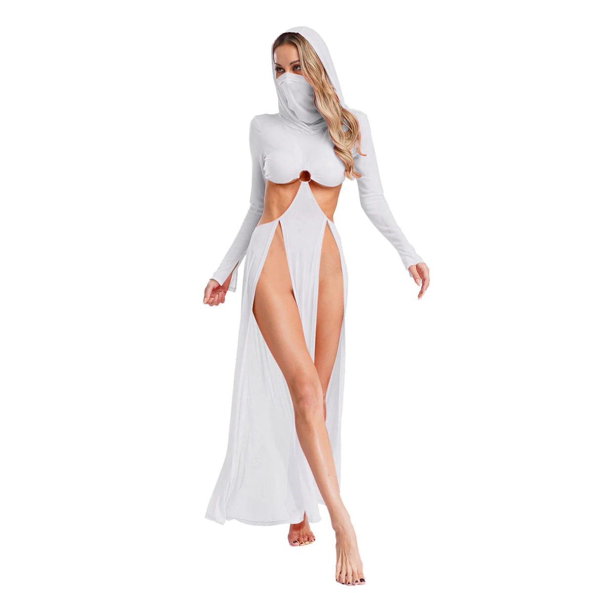 Women Wet Look Mesh Maxi Dress with Hooded Cosplay Sexy High Slit Lingerie Face Mask Long Sleeves Hollow Out Sheer Nightdress