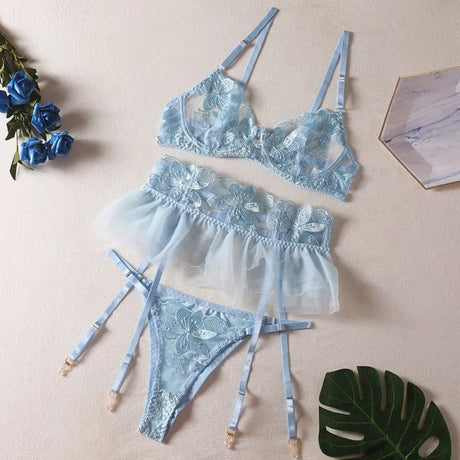 Toucheart 3 Piece Set Lingerie Garter Sets Lingerie For Woman Sexy Mini Skirt See-Through Embroidered Bra Erotic Underwear New