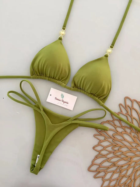 2026 Women's Bikini Swimsuit Women's Split Solid Color Lace-up Sexy Swimsuit 2-piece Set Micro Swimwear