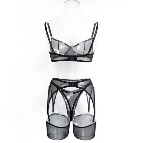 Ellolace Solid Lingeries Sexy Hot Sissy See Through Mesh Bra 3PC Set with Stockings Tempted Underwear Fancy Erotic Clubwear