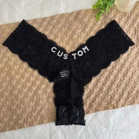 Personalized Text Custom Thong Customization Name Crystal Letters Panties Sexy Lace Underpants for Woman Wife Girlfriend Gift