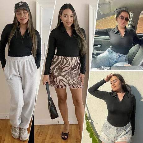 Women Sexy Long Sleeve Bodysuit Turn-down Collar V Neck Shapewear Tummy Control Butt Lift Shirt Seam-free Compression