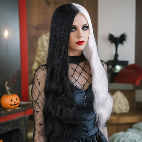 Cosplay Halloween Party Wigs CRUELLA Deville De Vil Black White With Bangs Short Bob Hair for Women Heat-Resistant Synthetic Wig