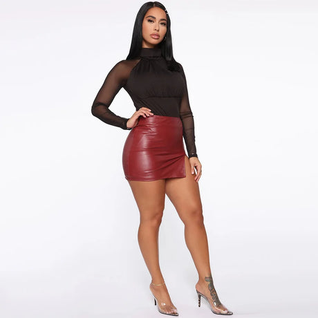 Women's Mini Skirt High Waist PU Leather Slim Slit Short Skirt Vintage Zipper Skinny Sexy Solid Black Leather Skirts for Women