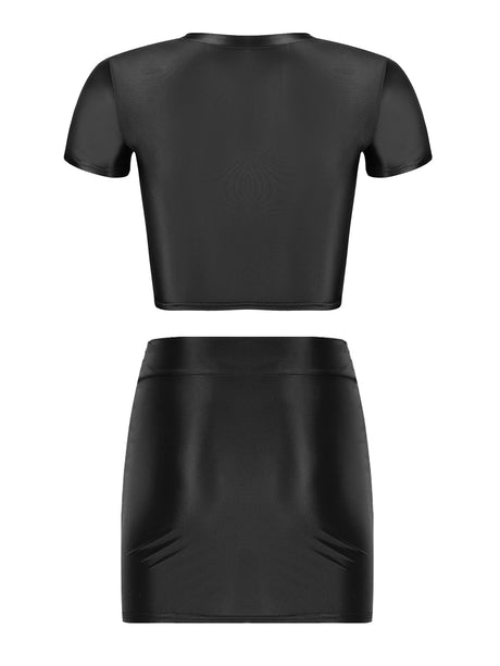 Womens Glossy Two-piece Outfit Oil Shiny Smooth High Waist Mini Skirt with Tank Top Nightclub Rave Outfit Pole Dancing Clubwear