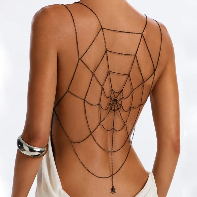 Black Spider Web Body Chain Women Gothic Spider Pendant Back Harness Adjustable Mesh Web Bikini Halloween Festival Body Jewelry