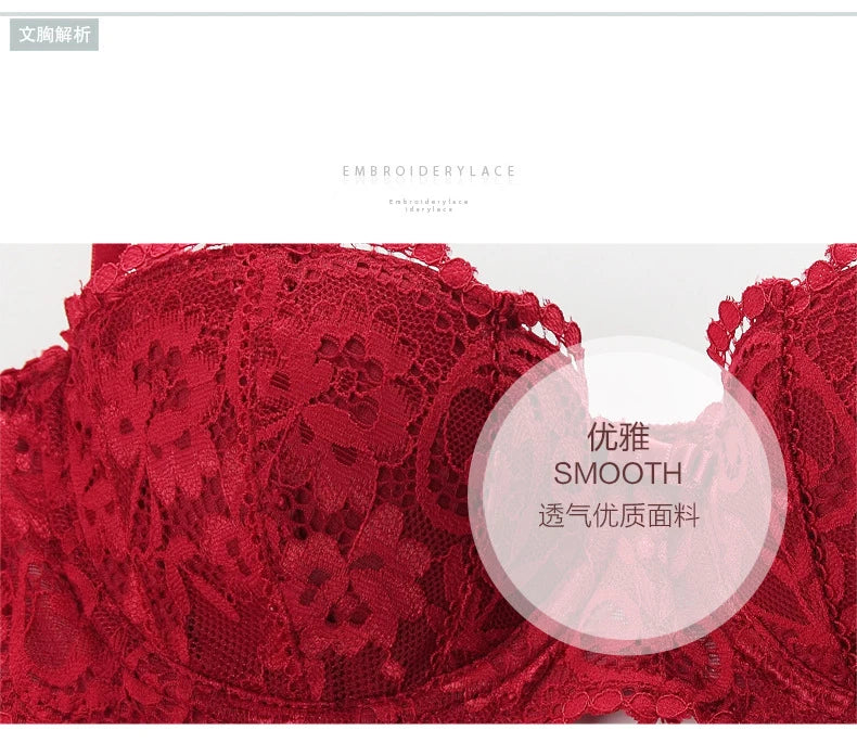 French Red 1/2 Cup Sexy Bra Set Lace Flowers Embroidery Women Underwear Push Up Brassiere and Panties Garter 3 Pieces Sets