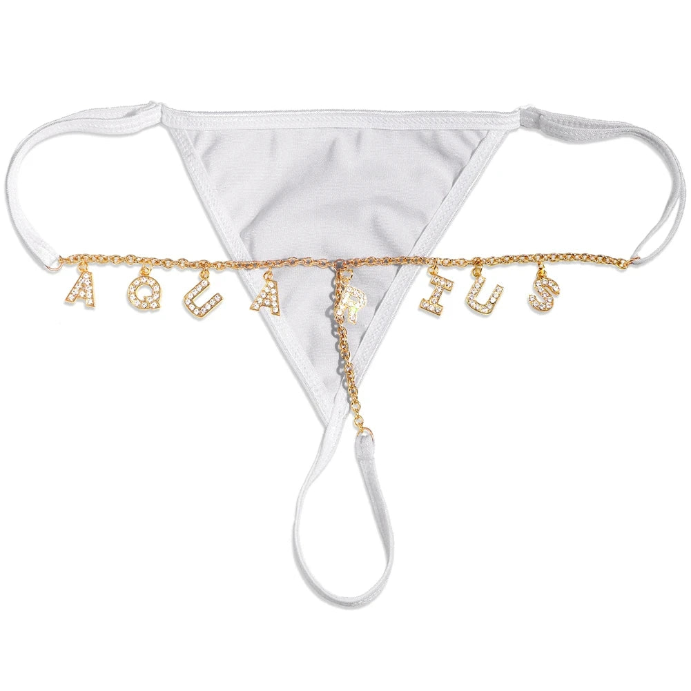 Sexy Women Custom Thong with Letter Metal 12 Constellations Body Waist Chain Jewelry Panties Girl Personalize Underwear Gift