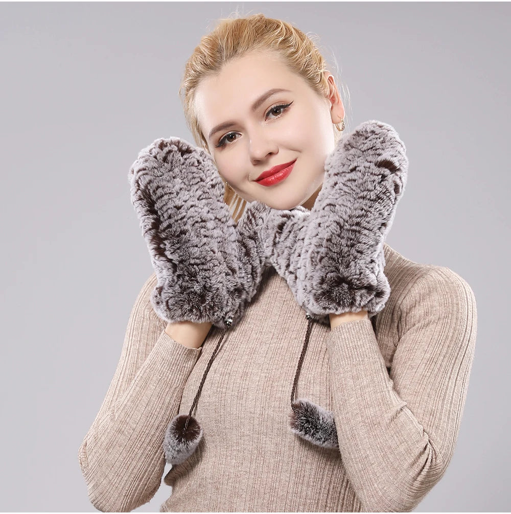 Hot Sale Women's 100% Natural Rabbit Fur Winter Gloves Warm Knit Thick Thermal Mittens Soft Real Fur Outdoor Cold Weather Glove
