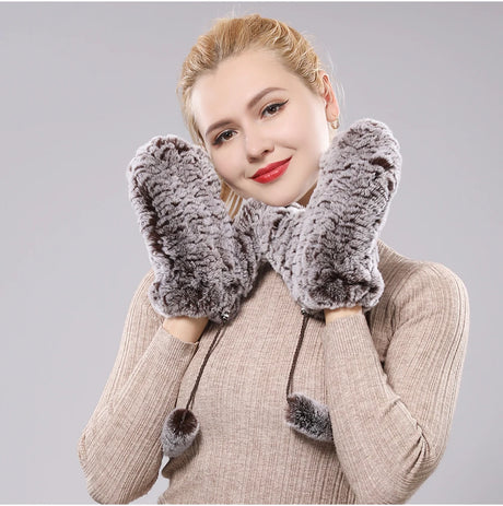 Hot Sale Women's 100% Natural Rabbit Fur Winter Gloves Warm Knit Thick Thermal Mittens Soft Real Fur Outdoor Cold Weather Glove