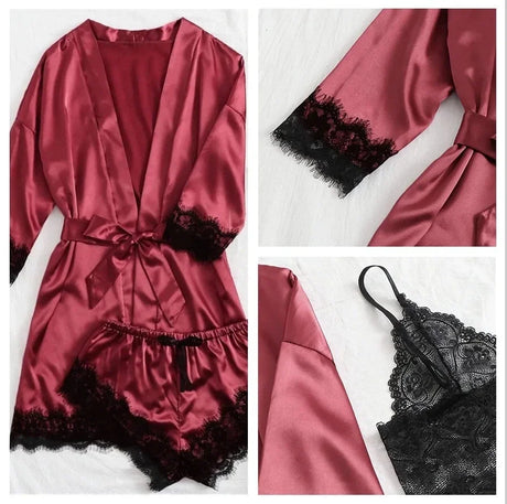 Women's Summer Sexy Pajama Pants Set 4 Pieces Lace Satin With Silk Sleepwear Robe Fashion And Comfortable Nightwear
