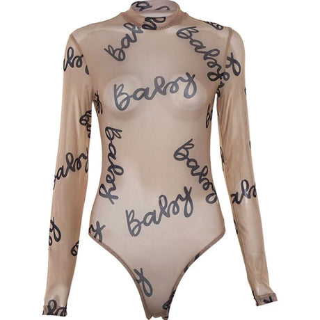 2025 Summer Sexy Letter Print Transparent Mesh Bodysuits Long Sleeve See Through Baby Bodycon Rompers Women Jumpsuits