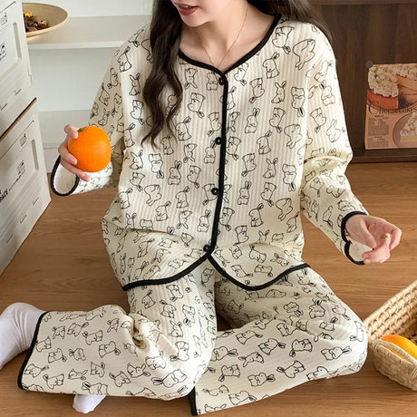 Thickened Air Cotton Sleepwear Set for Women Autumn Winter Polka Dot Home Clothes Korean Style Cute Girl Long Sleeve V-Neck