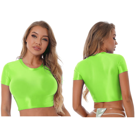 Womens Glossy Two-piece Outfit Oil Shiny Smooth High Waist Mini Skirt with Tank Top Nightclub Rave Outfit Pole Dancing Clubwear