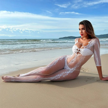New Fishnet Bodysuits One-piece White Jumpsuit Erotic Exotic Mesh Full Body Stockings Clothing Hot Midnight Party Club Wear